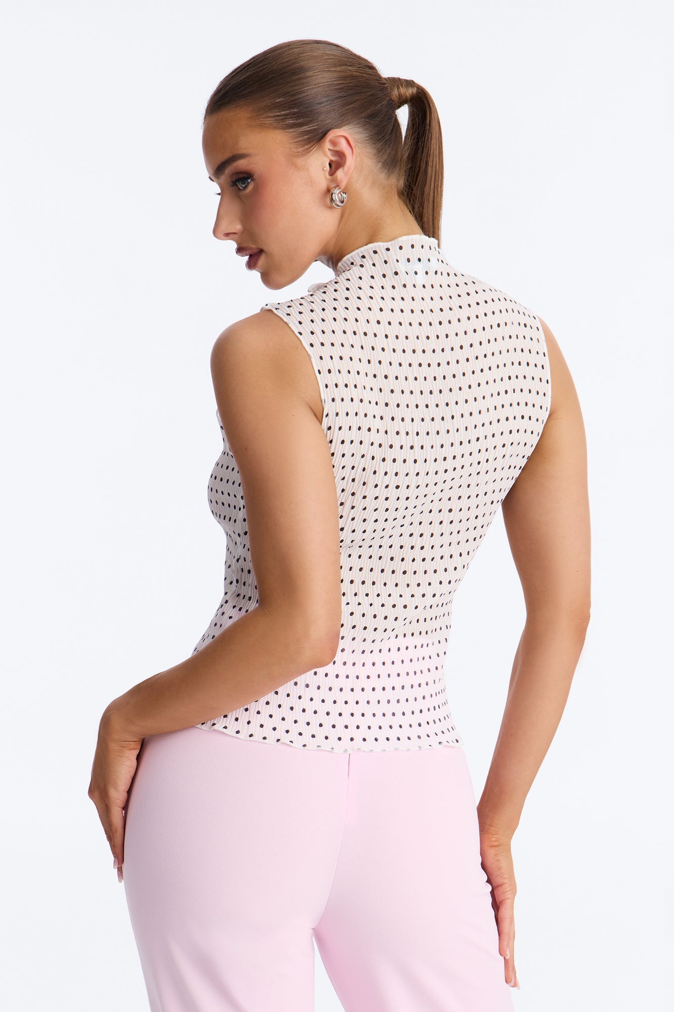 Into Paradise Mock Neck Polka Dot Plisse Top - White/combo Fashion Nova