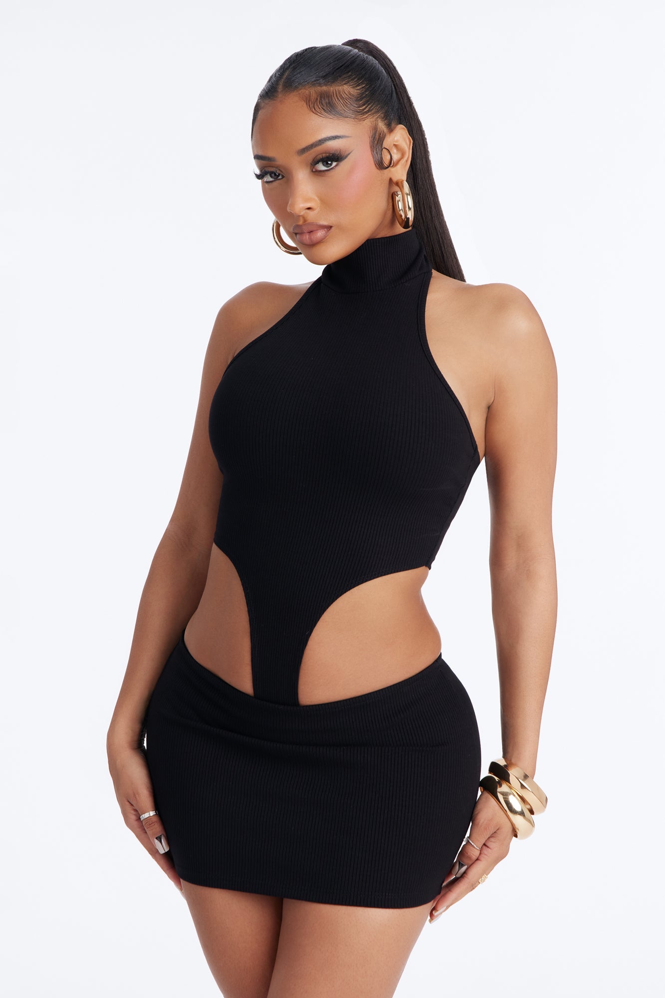 Shayla Snatched High Neck Mini Skirt Set - Black