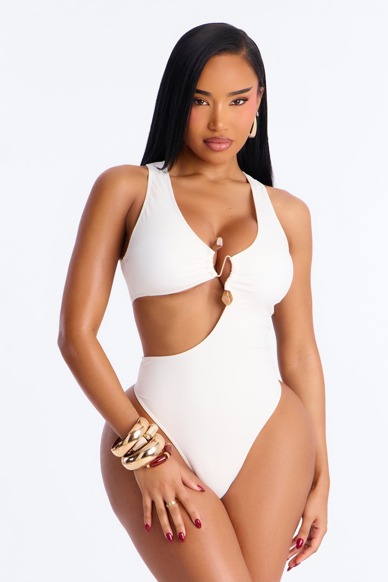 Malia Stone Hardware Cutout 1 Piece Swimsuit - White Fashion Nova