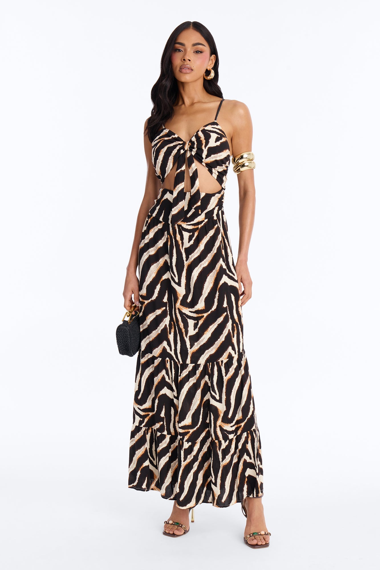 Kaylie Printed Tie Front Maxi Dress - Black/combo