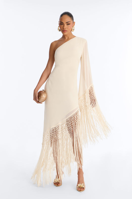 Capri Fringe Chiffon Maxi Dress - Cream