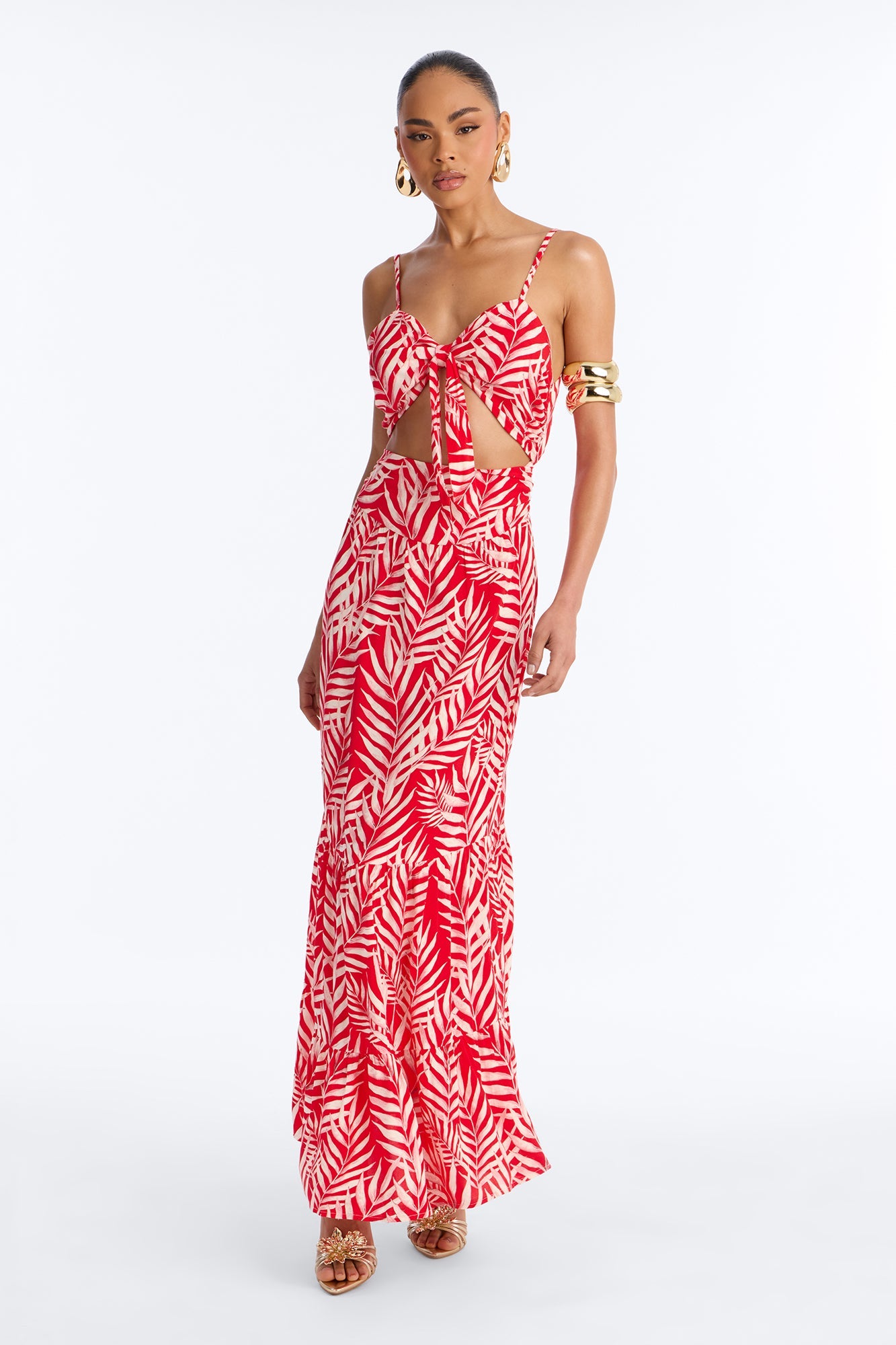 Kaylie Printed Tie Front Maxi Dress - Red/combo