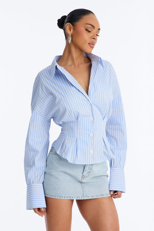 Living Proof Pleated Stripe Poplin Shirt - Blue/combo