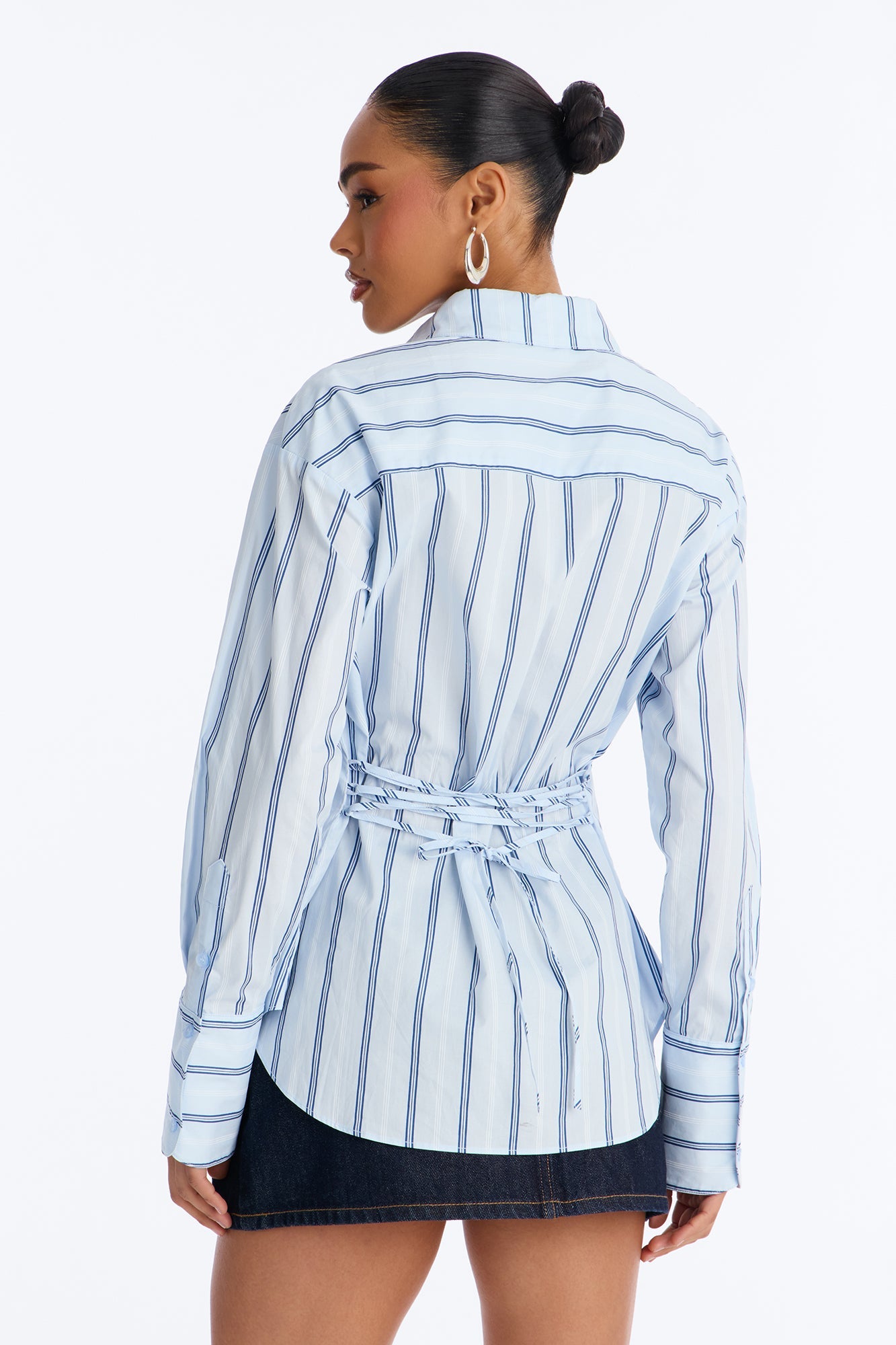 Silent Flex Lace Up Stripe Poplin Shirt - Blue/combo