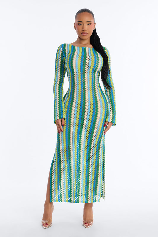 Izzy Pinstripe Flare Sleeves Maxi Swim Cover Up Dress - Green/combo Fashion Nova