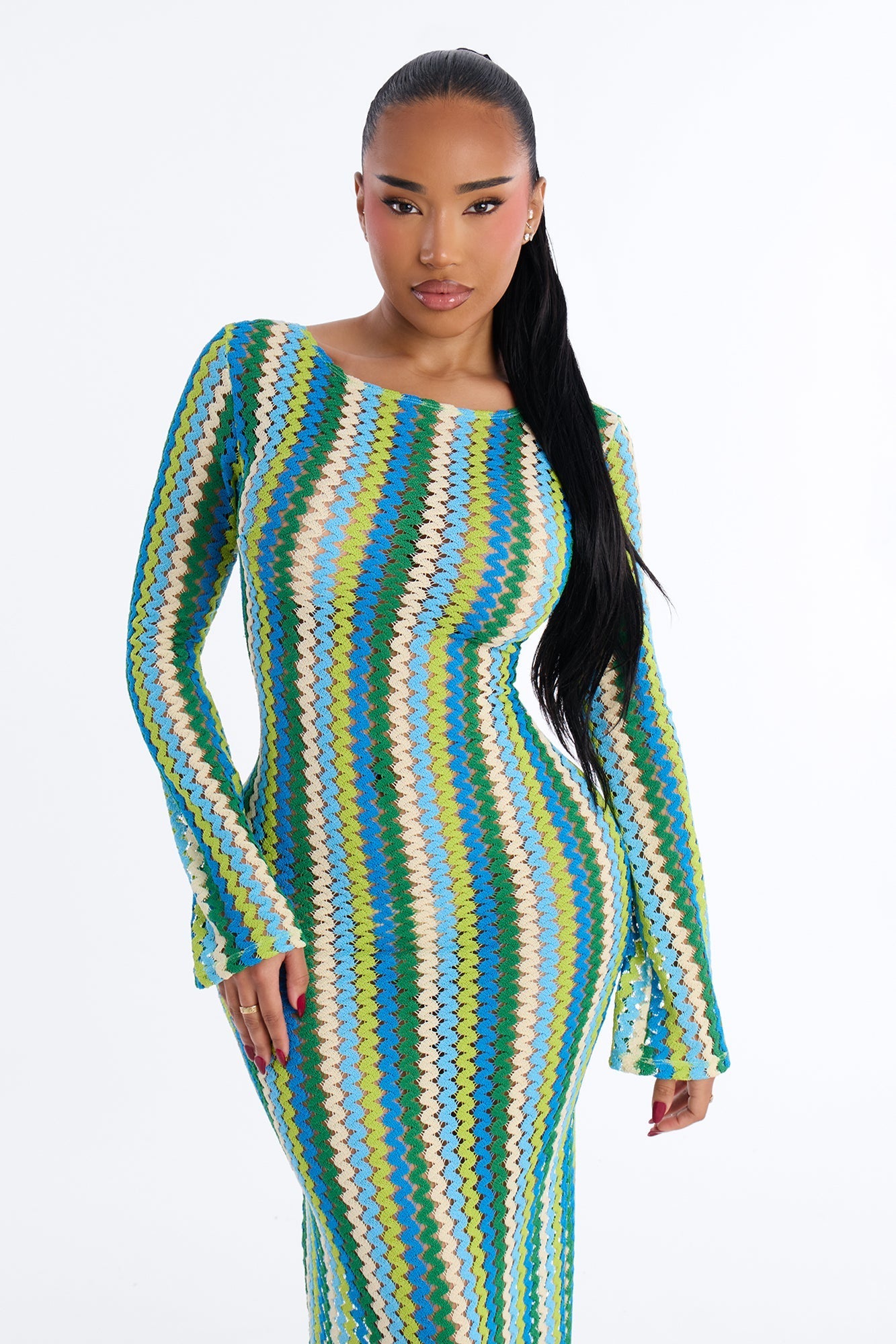 Izzy Pinstripe Flare Sleeves Maxi Swim Cover Up Dress - Green/combo Fashion Nova