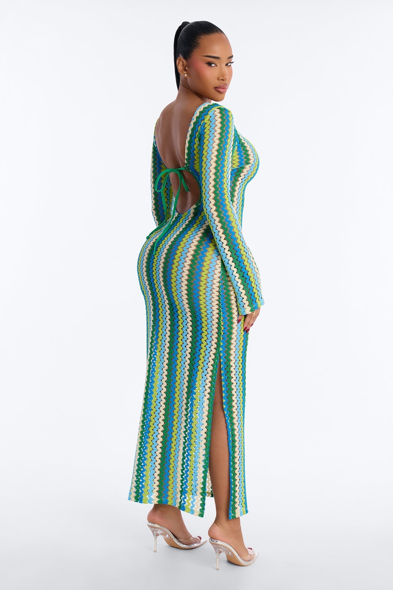 Izzy Pinstripe Flare Sleeves Maxi Swim Cover Up Dress - Green/combo Fashion Nova