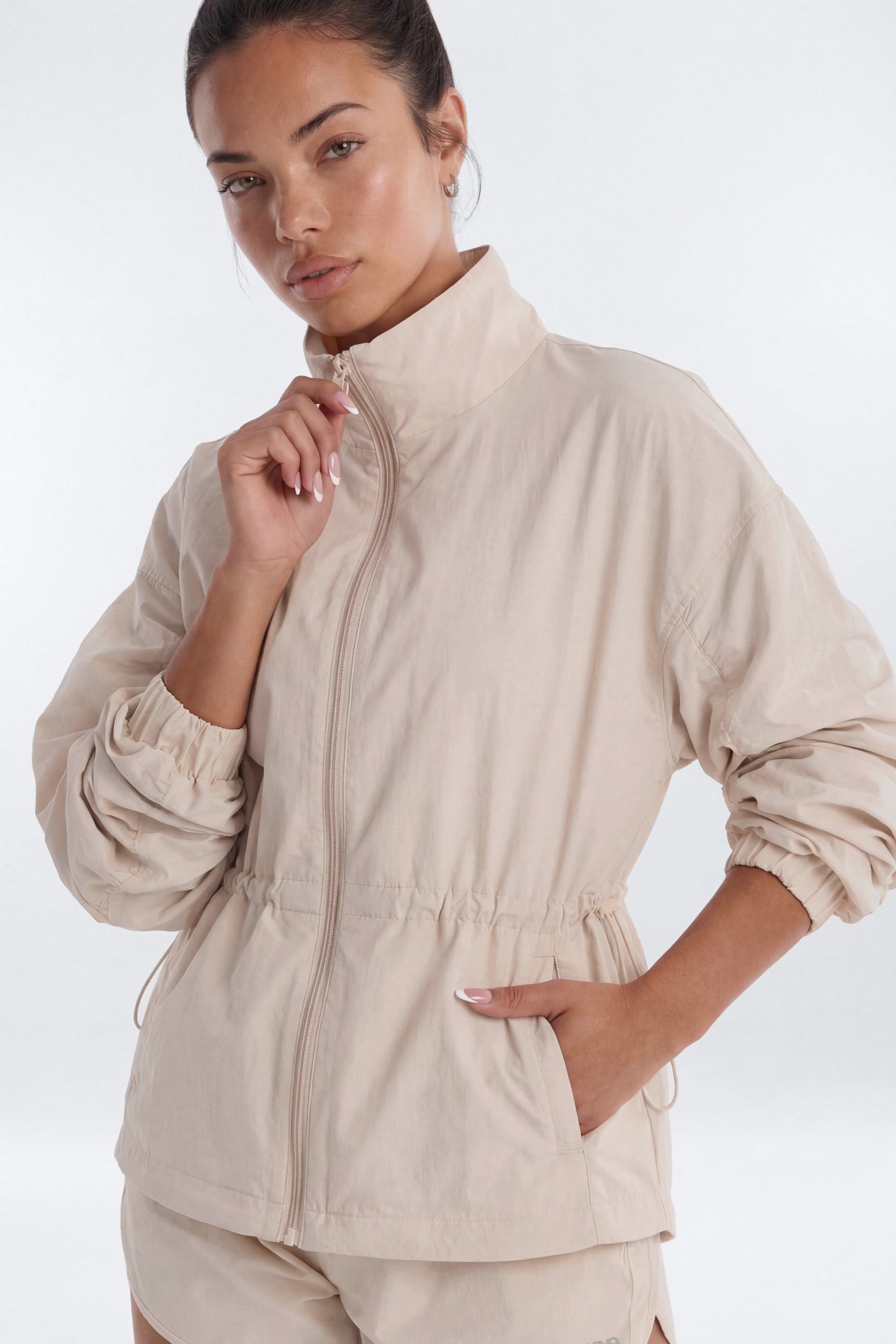 CoreNylon Ruched Mock Neck Jacket - Oat Milk Fashion Nova