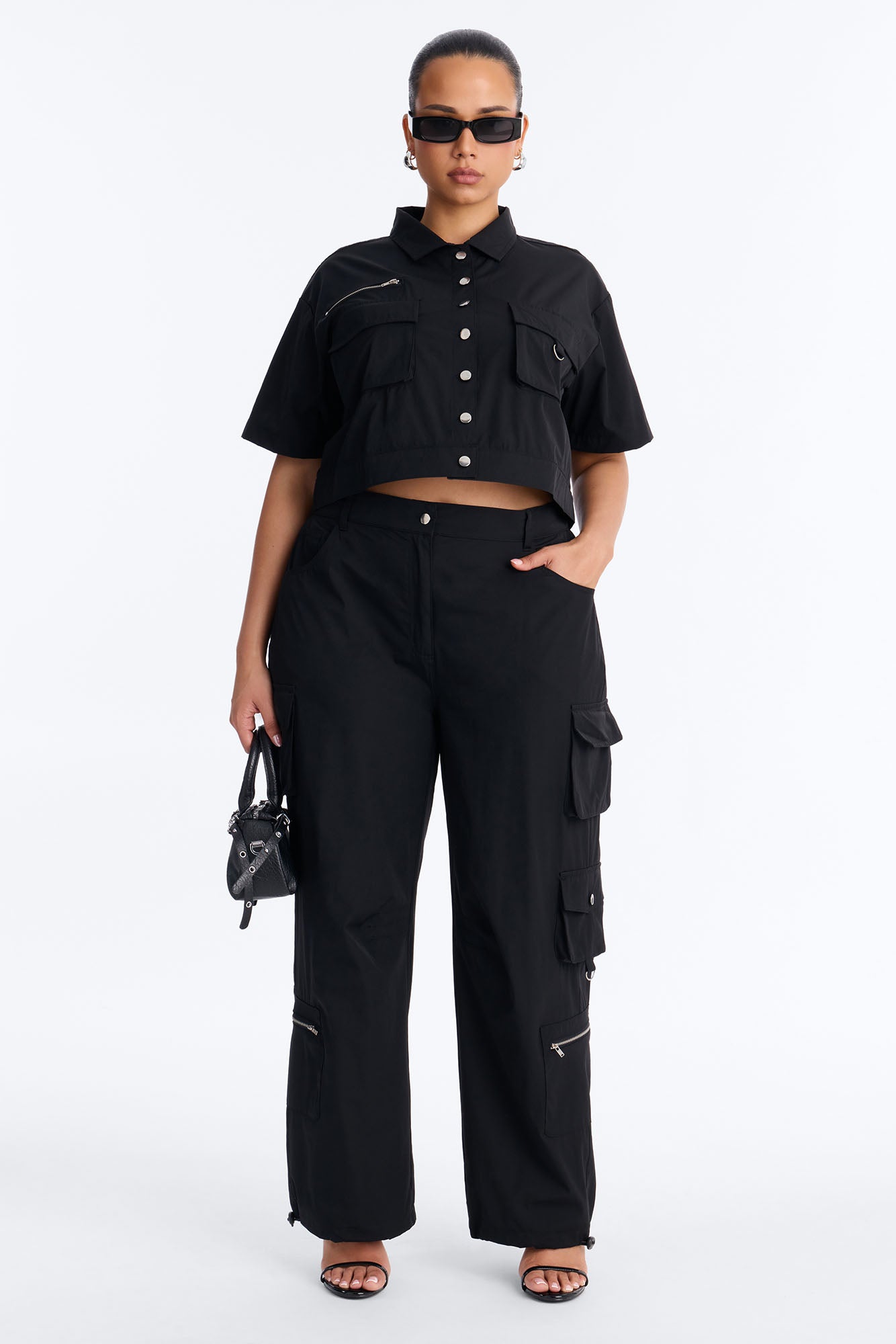 Nessa Nylon Cargo Pant Set - Black