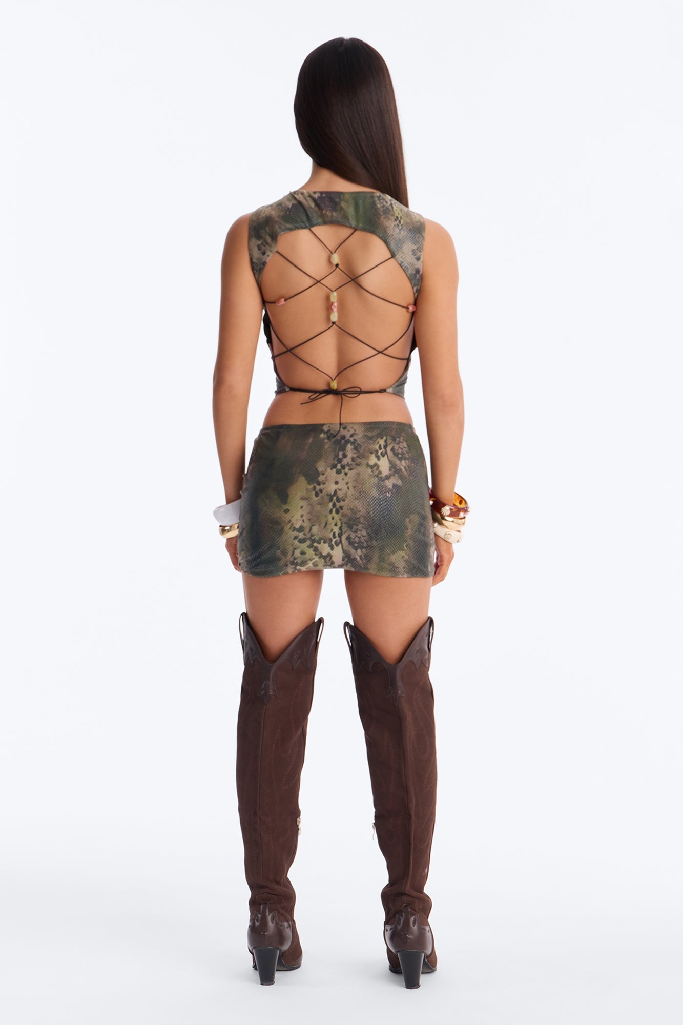 Solene Beaded Lace Up Back Skirt Set - Olive/combo Fashion Nova