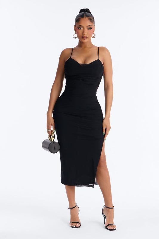 Megan Ruched Mesh Midi Dress - Black