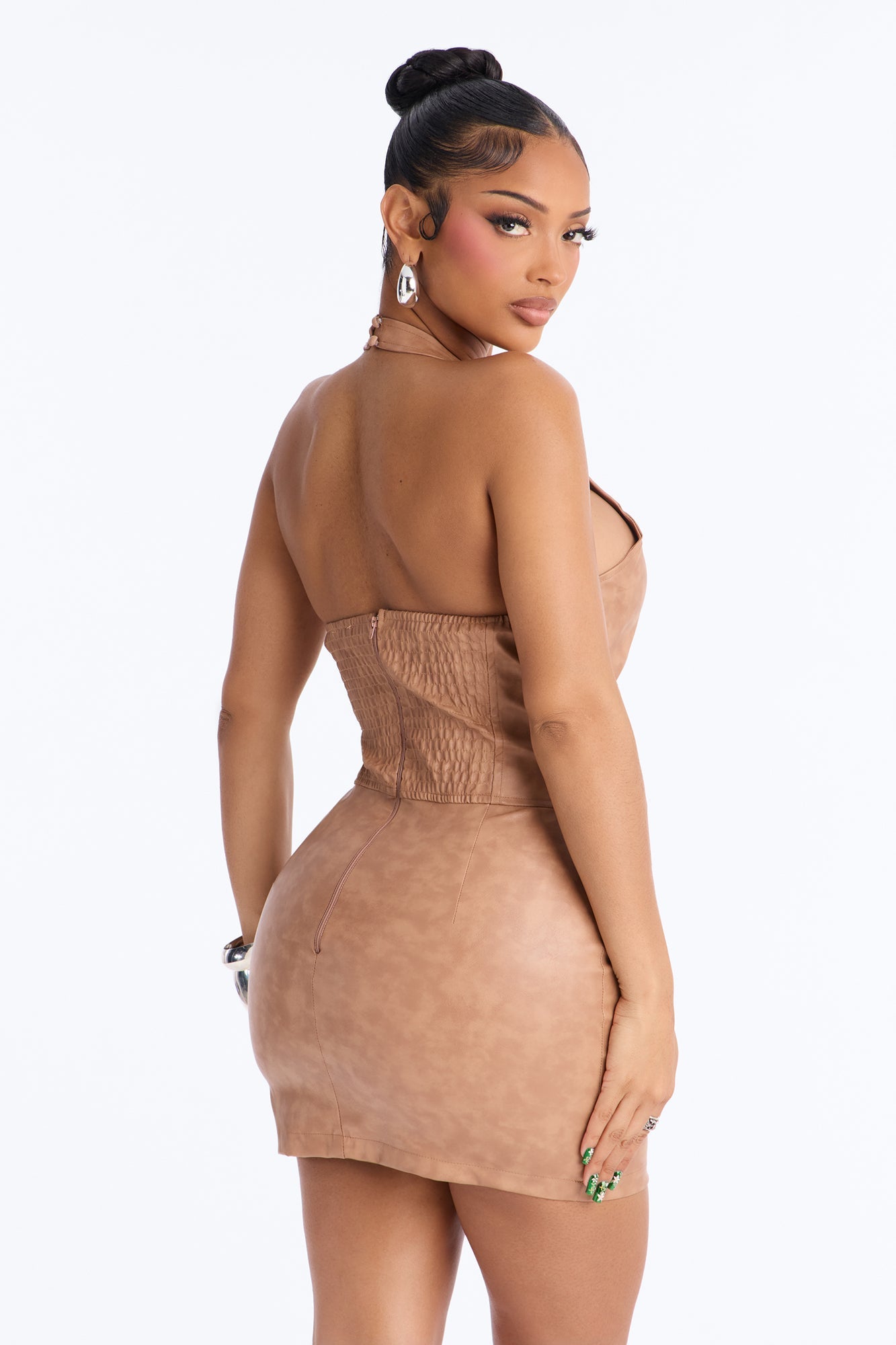 Backstage Lace Up Faux Leather Mini Dress - Taupe