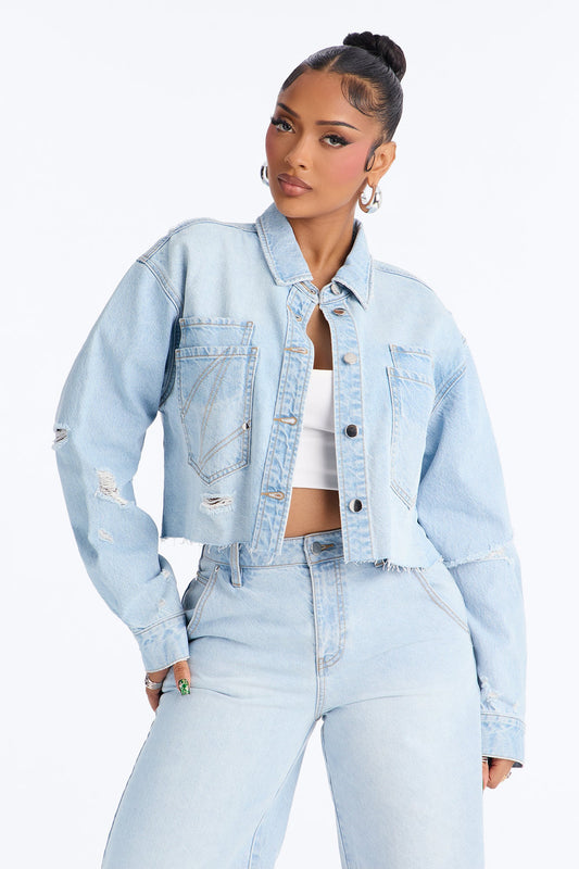 Clean Break Double Pocket Denim Shacket - Light Wash