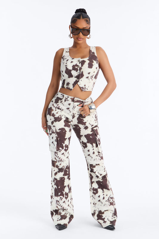 Very Western Vibes Print Denim Pant Set - Brown Combo