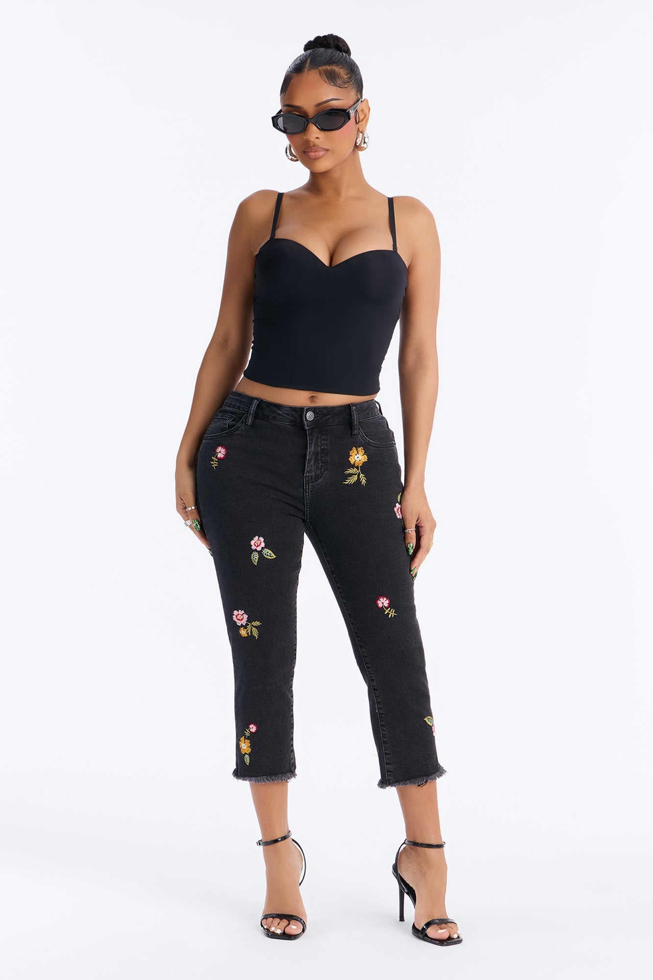 Flower Picker Embroidered Capri Jeans - Black Wash Fashion Nova