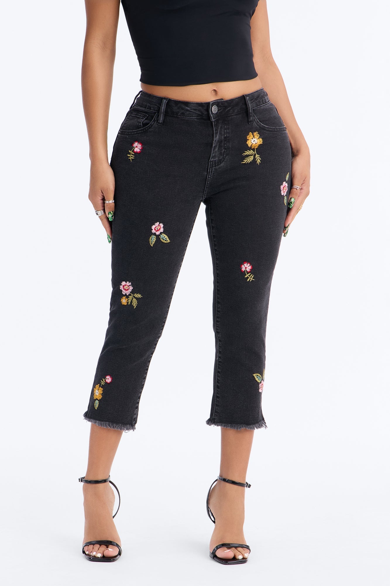 Flower Picker Embroidered Capri Jeans - Black Wash Fashion Nova