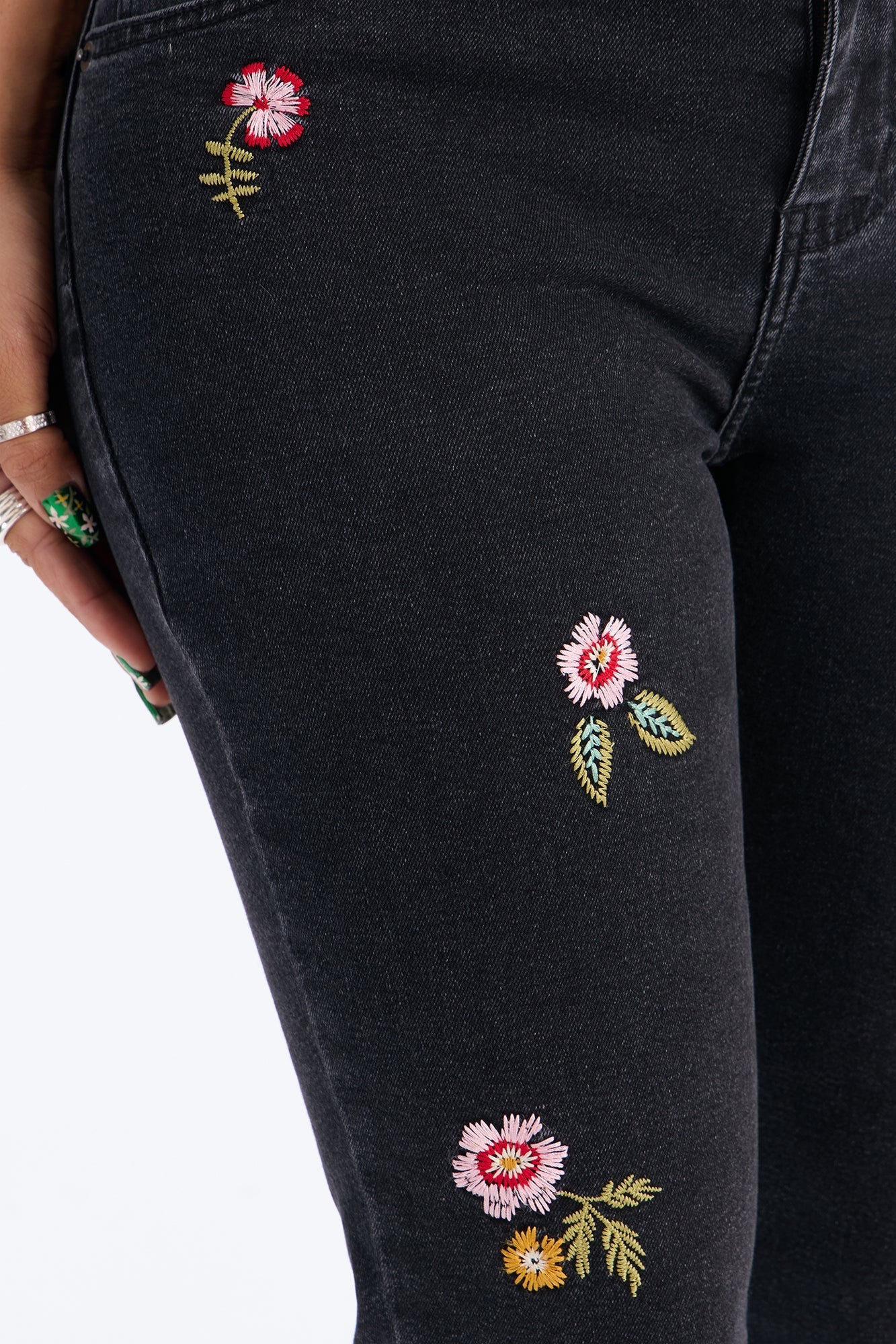 Flower Picker Embroidered Capri Jeans - Black Wash Fashion Nova