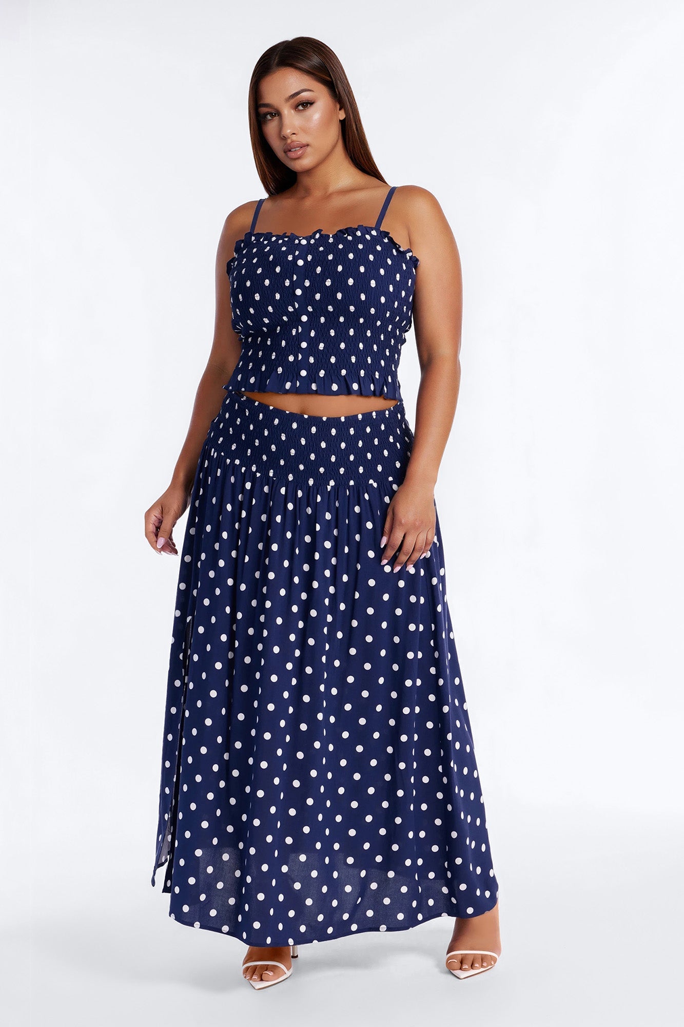 Sasha Satin Polka Dot Maxi Skirt Set - Navy/combo