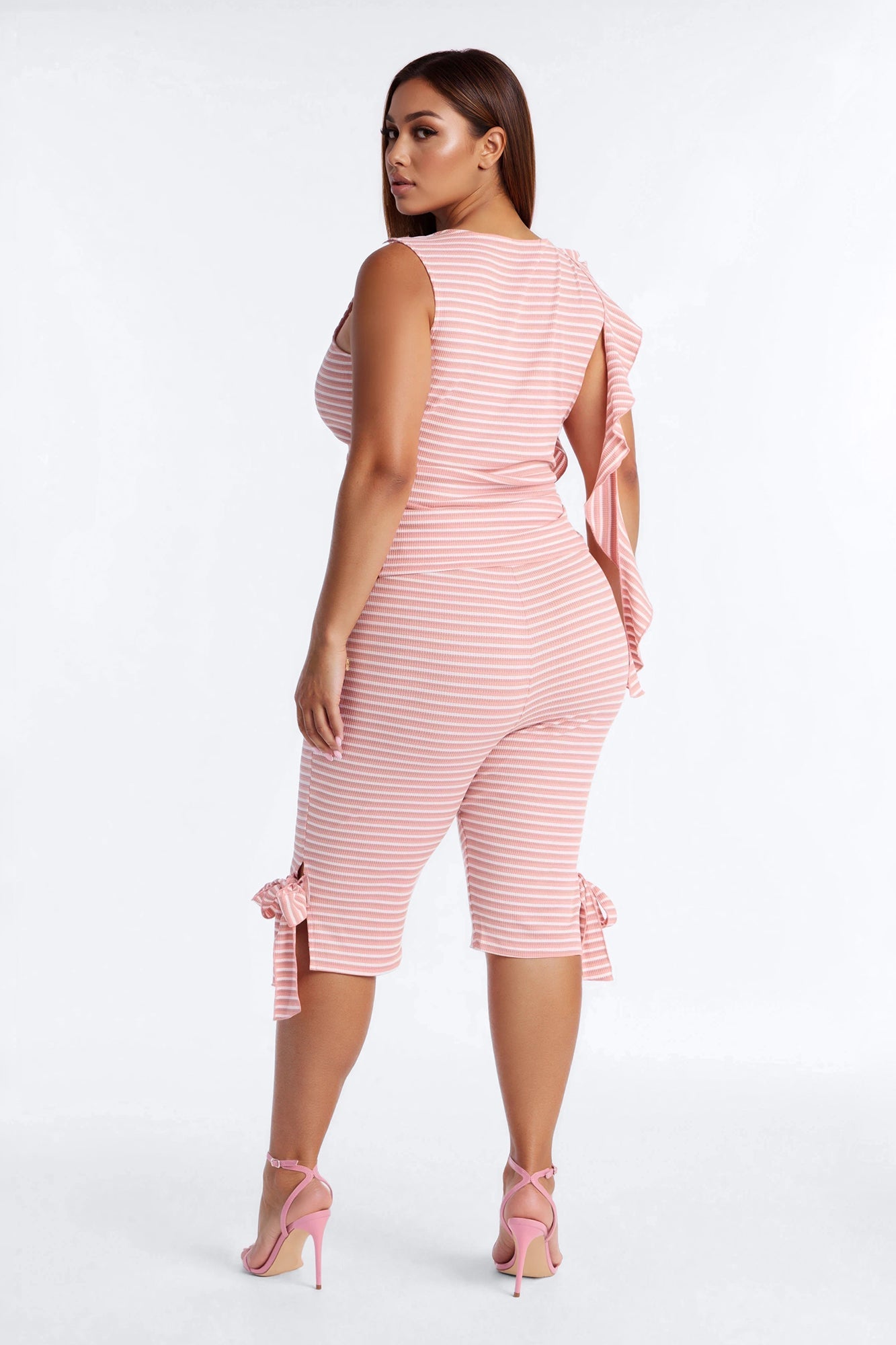 Girl Talk Tie Detail Striped Capri Set - Mauve