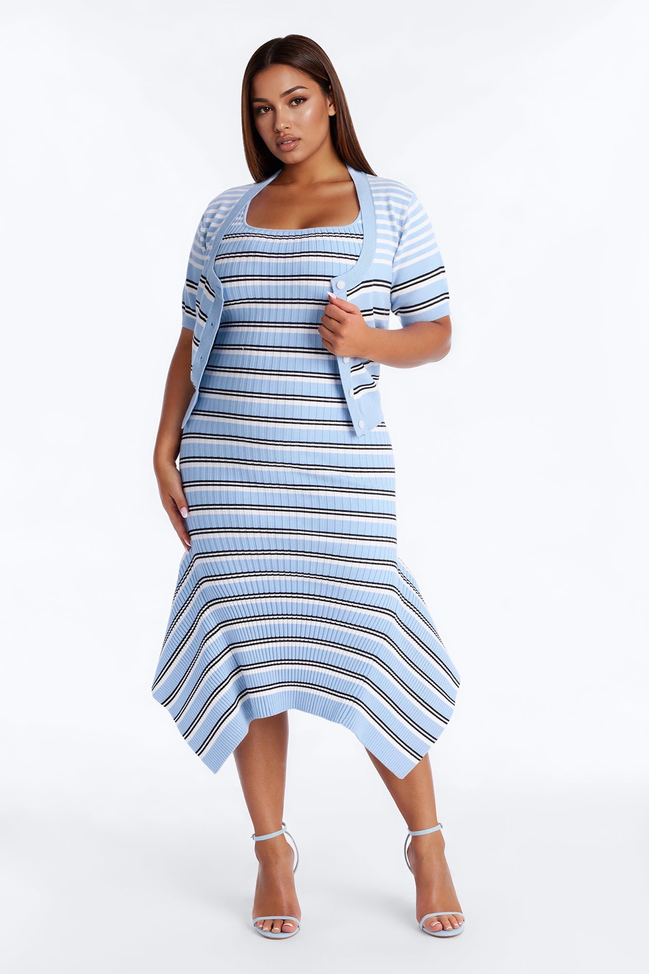 Rare Catch Ribbed Striped Midi Dress Set - Blue/combo