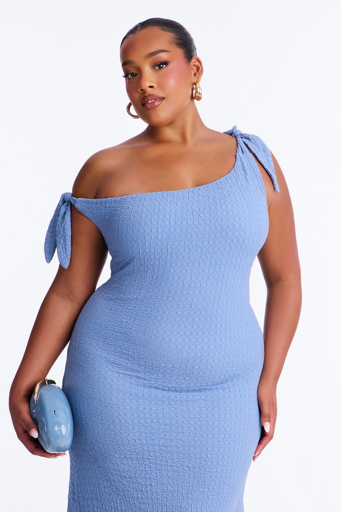 Crystal One Shoulder Textured Midi Dress - Blue