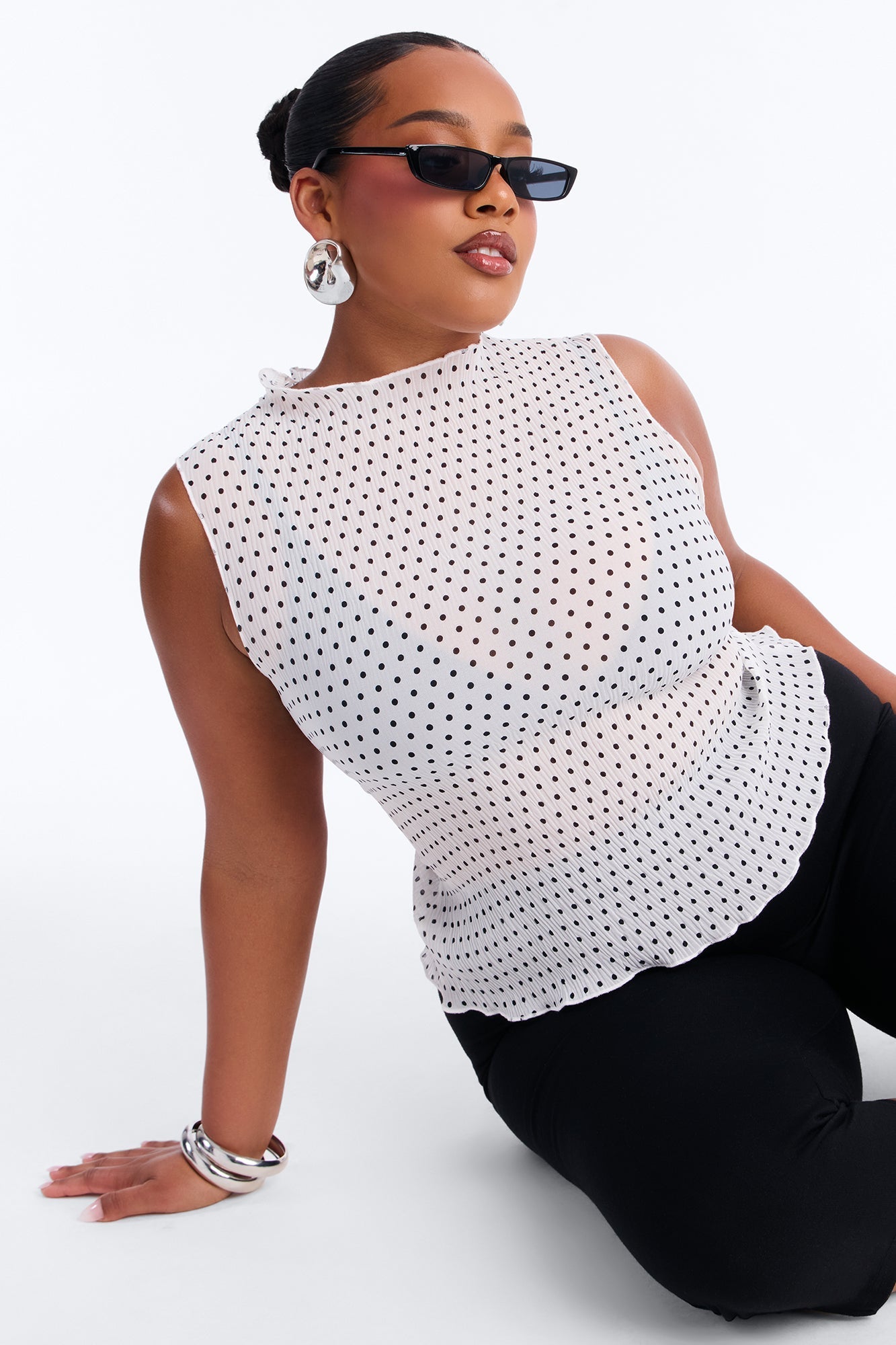 Into Paradise Mock Neck Polka Dot Plisse Top - White/combo Fashion Nova