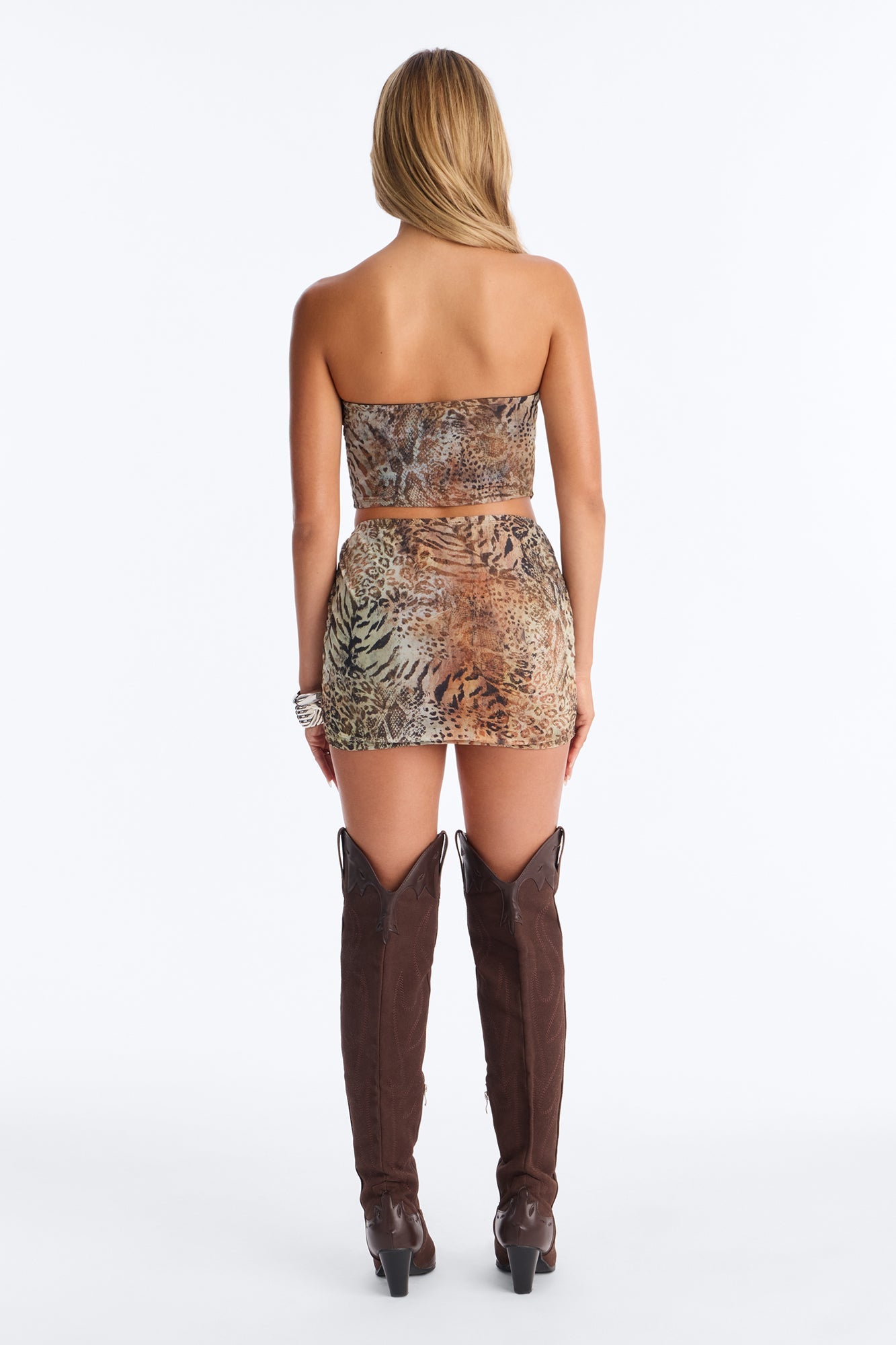 Wild Night Studded Leopard Mesh Skirt Set - Rust/combo