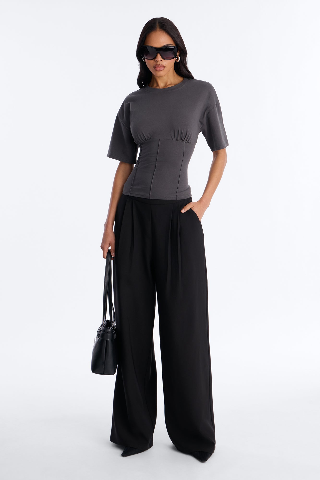 Kaylee Cinched Waist Short Sleeve T-Shirt - Charcoal