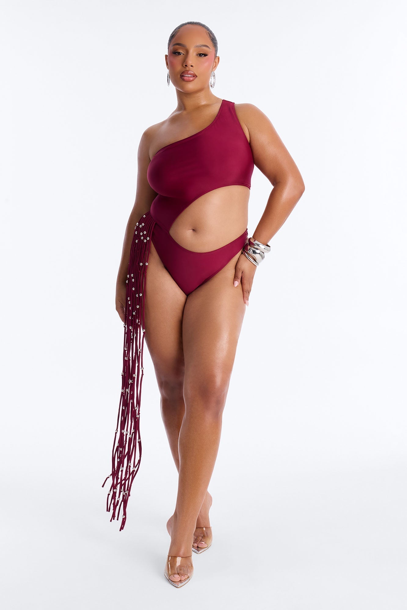 Wendy Fringe Cut Out 1 Piece Swimsuit - Burgundy Fashion Nova