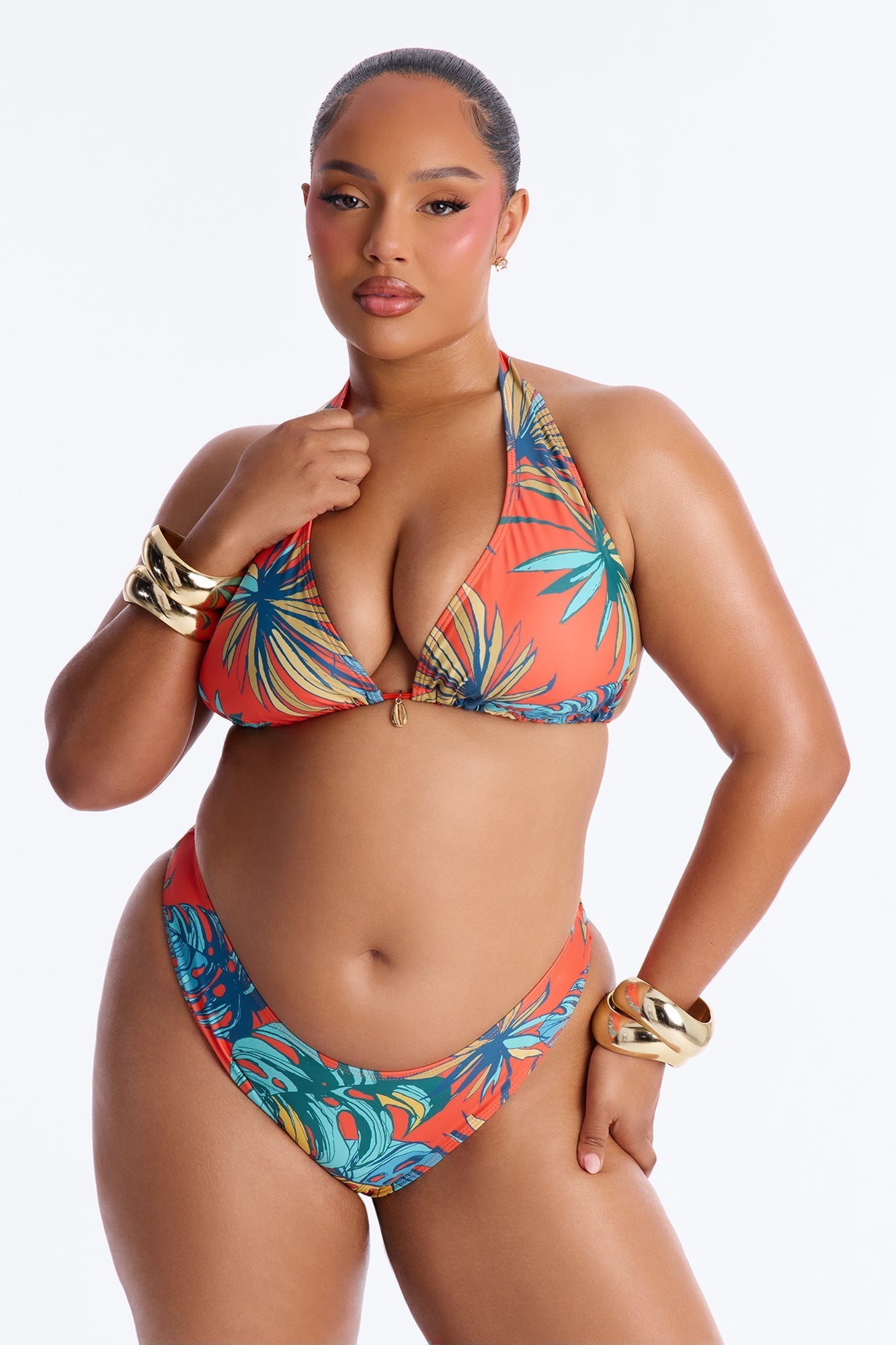 Tiki Goddess 3 Piece Triangle Bikini And Maxi Skirt Set - Orange/combo Fashion Nova
