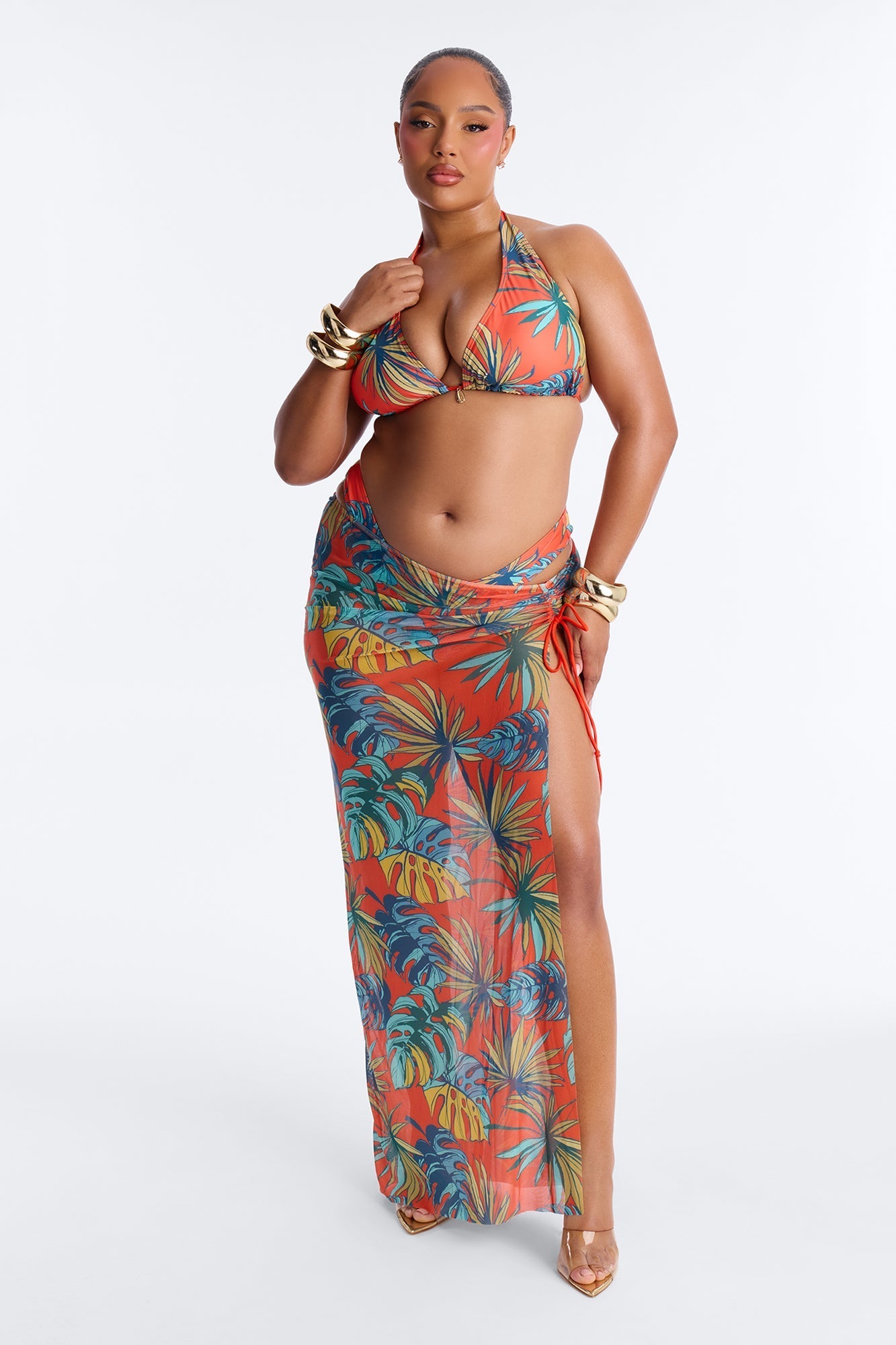 Tiki Goddess 3 Piece Triangle Bikini And Maxi Skirt Set - Orange/combo Fashion Nova