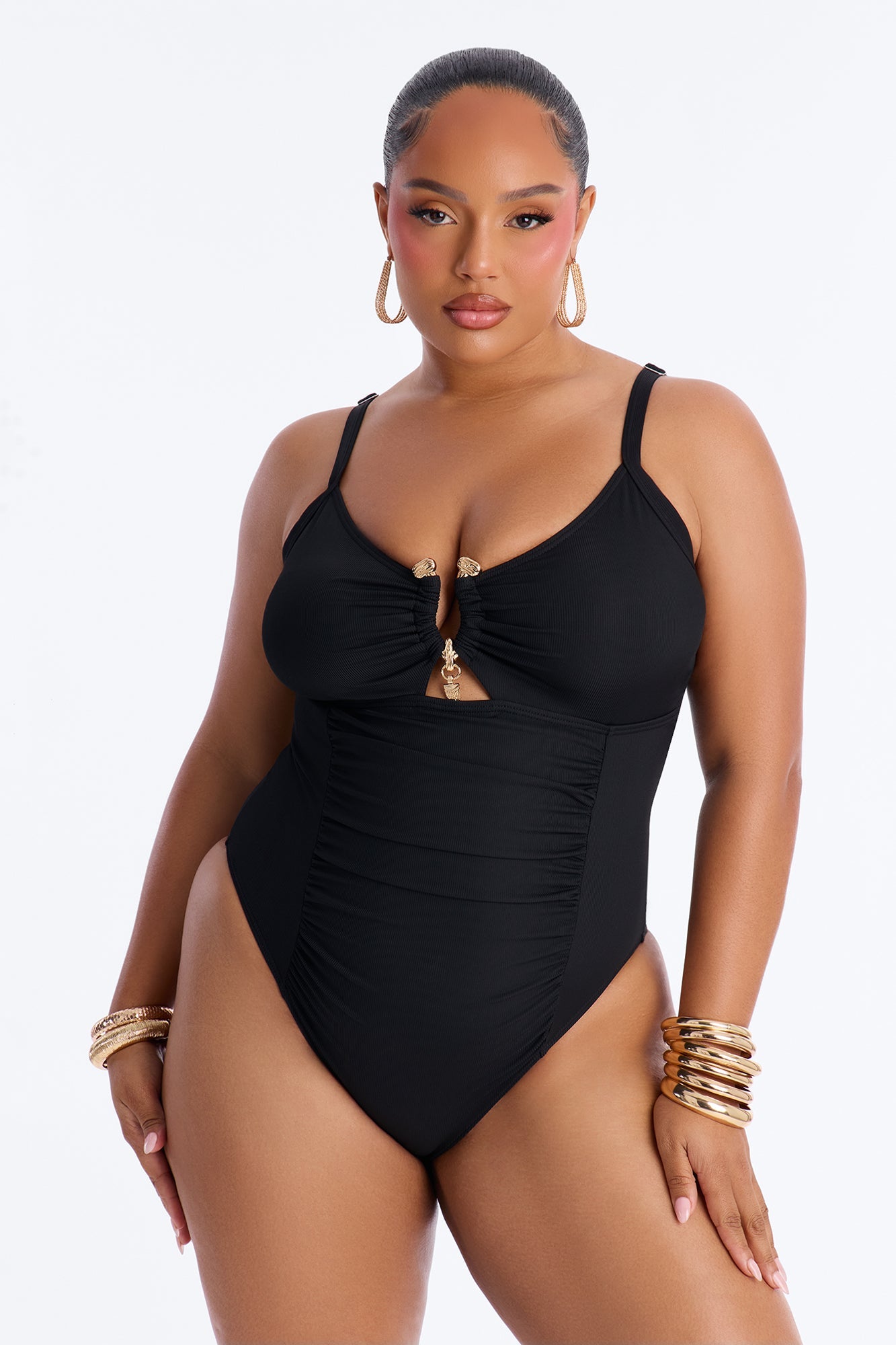 See The Waves Ruching Hardware 1 Piece Swimsuit - Black Fashion Nova