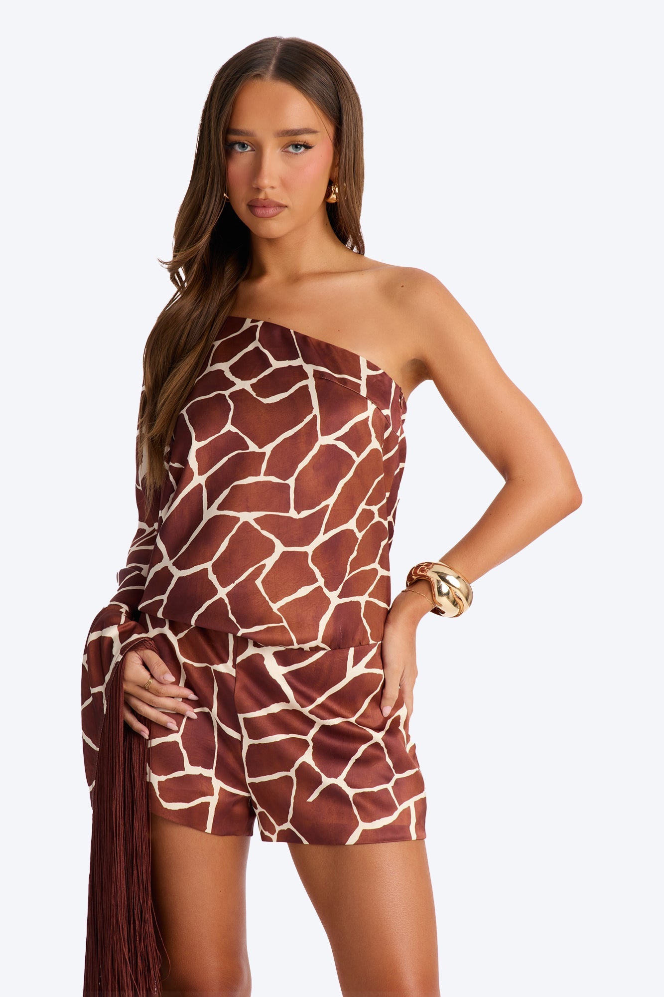 Samara Satin Fringe Romper - Brown