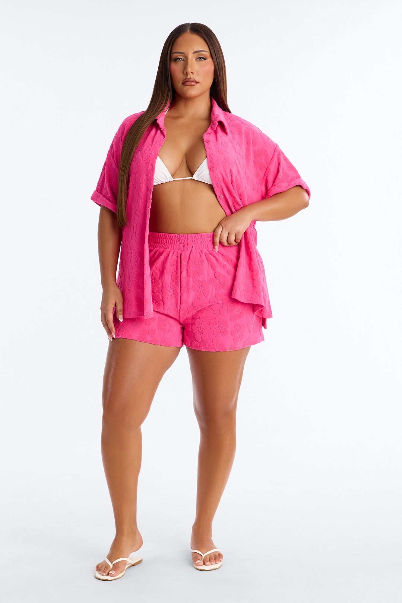 Cristal Textured Swim Cover Up Short Set - Fuchsia Fashion Nova