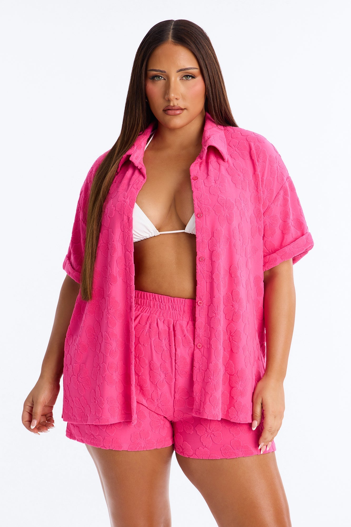 Cristal Textured Swim Cover Up Short Set - Fuchsia Fashion Nova