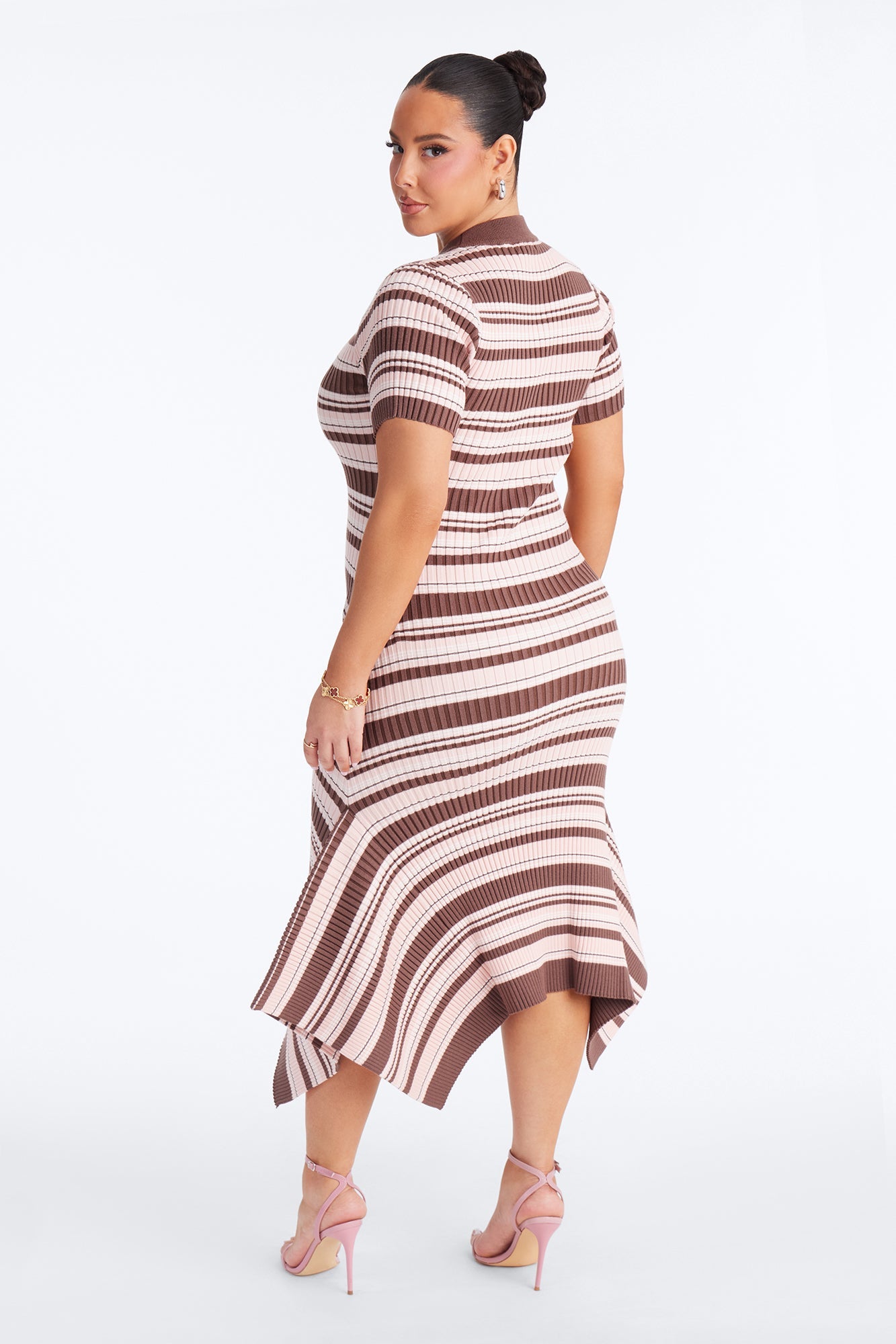 Rare Catch Ribbed Striped Midi Dress - Mocha/combo