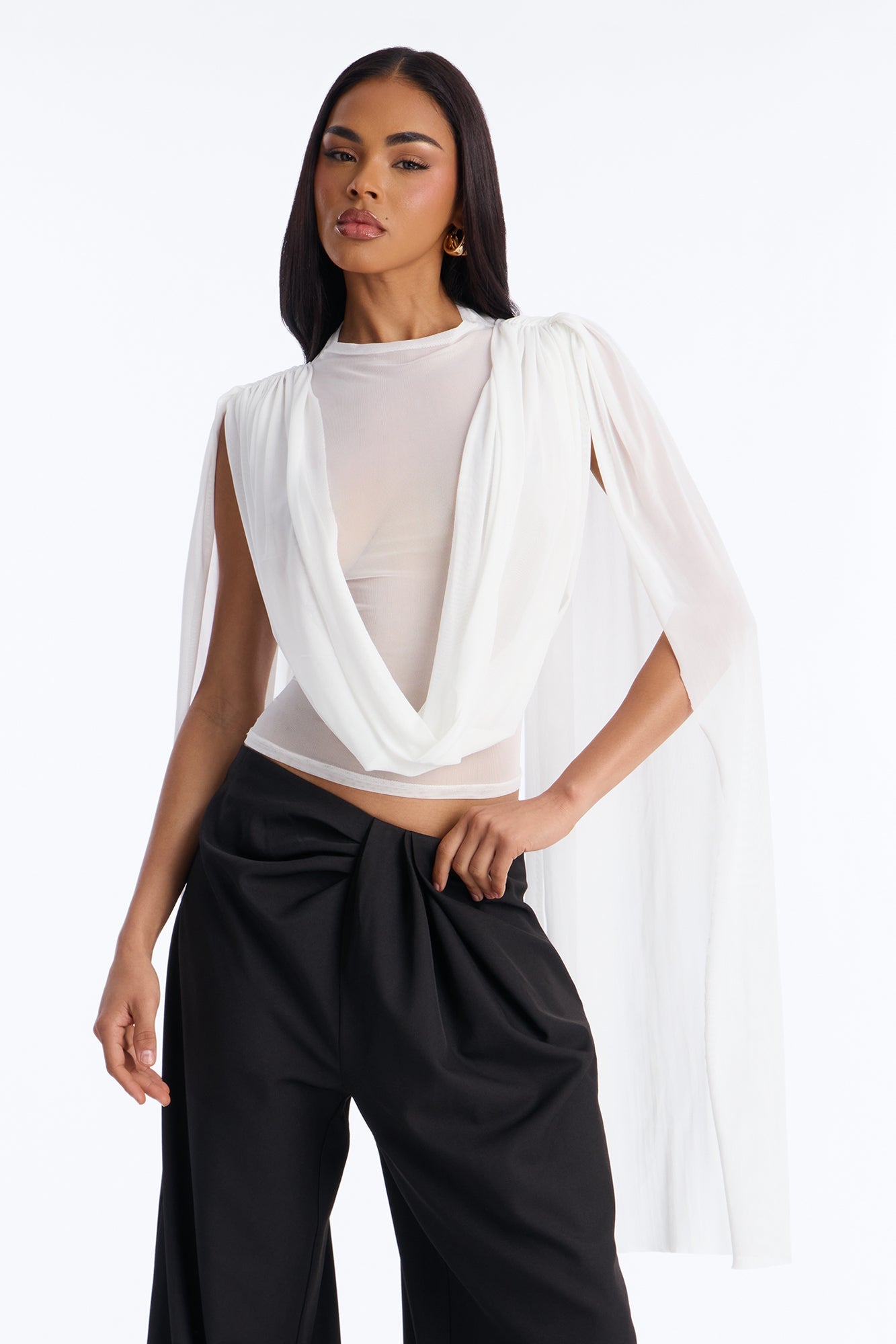 Ethereal Energy Mesh Mock Neck Drape Top - White