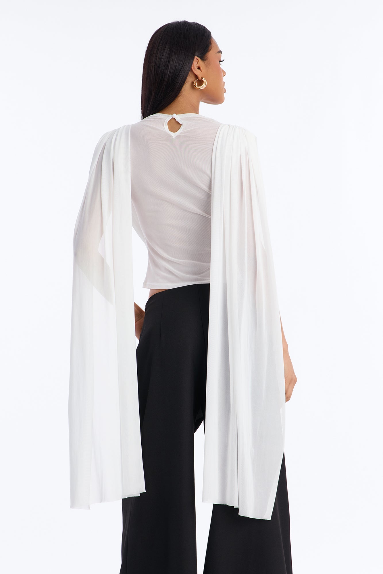 Ethereal Energy Mesh Mock Neck Drape Top - White