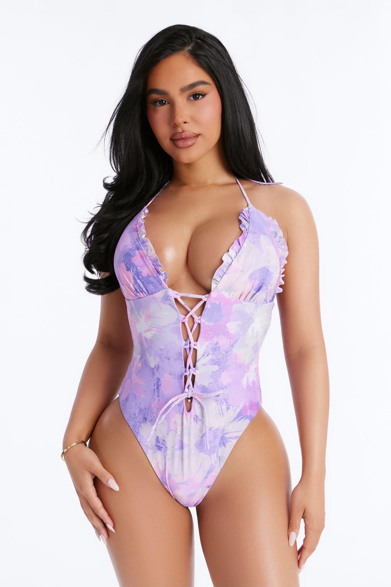 Caught In The Tropics Lace Up 1 Piece Swimsuit - Purple/combo Fashion Nova