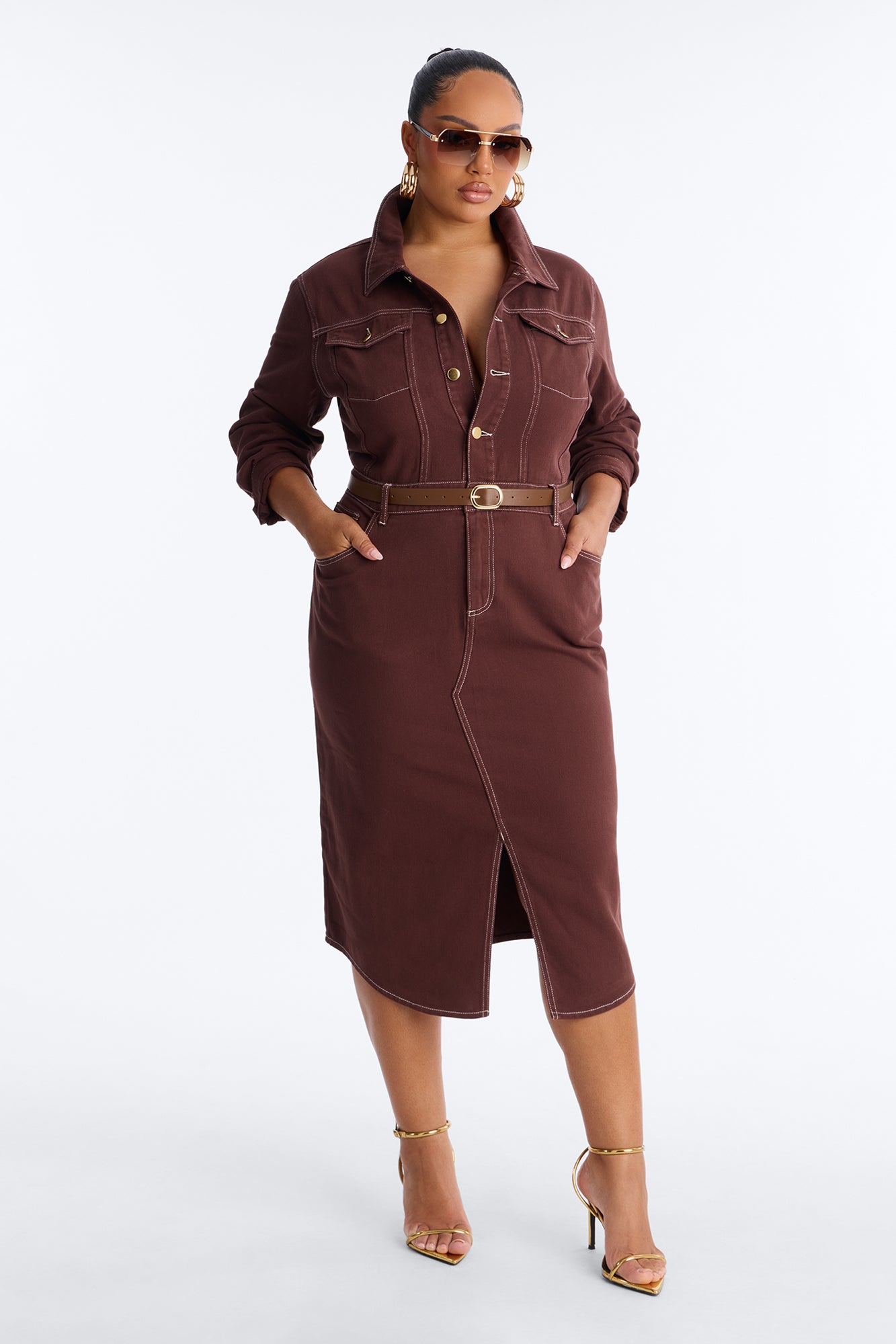 Harper Belted Denim Midi Dress - Brown