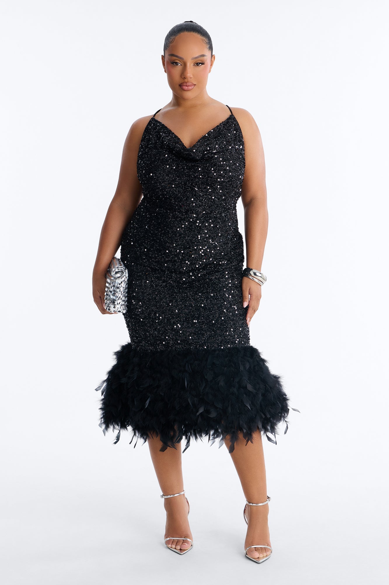 Zoey Feathered Sequin Midi Dress - Black