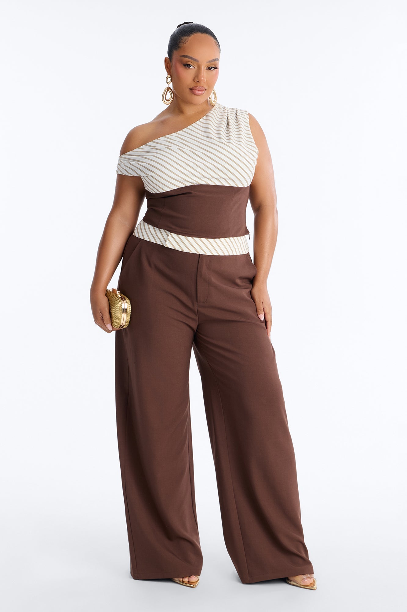 Georgia Striped Off The Shoulder Pant Set - Brown
