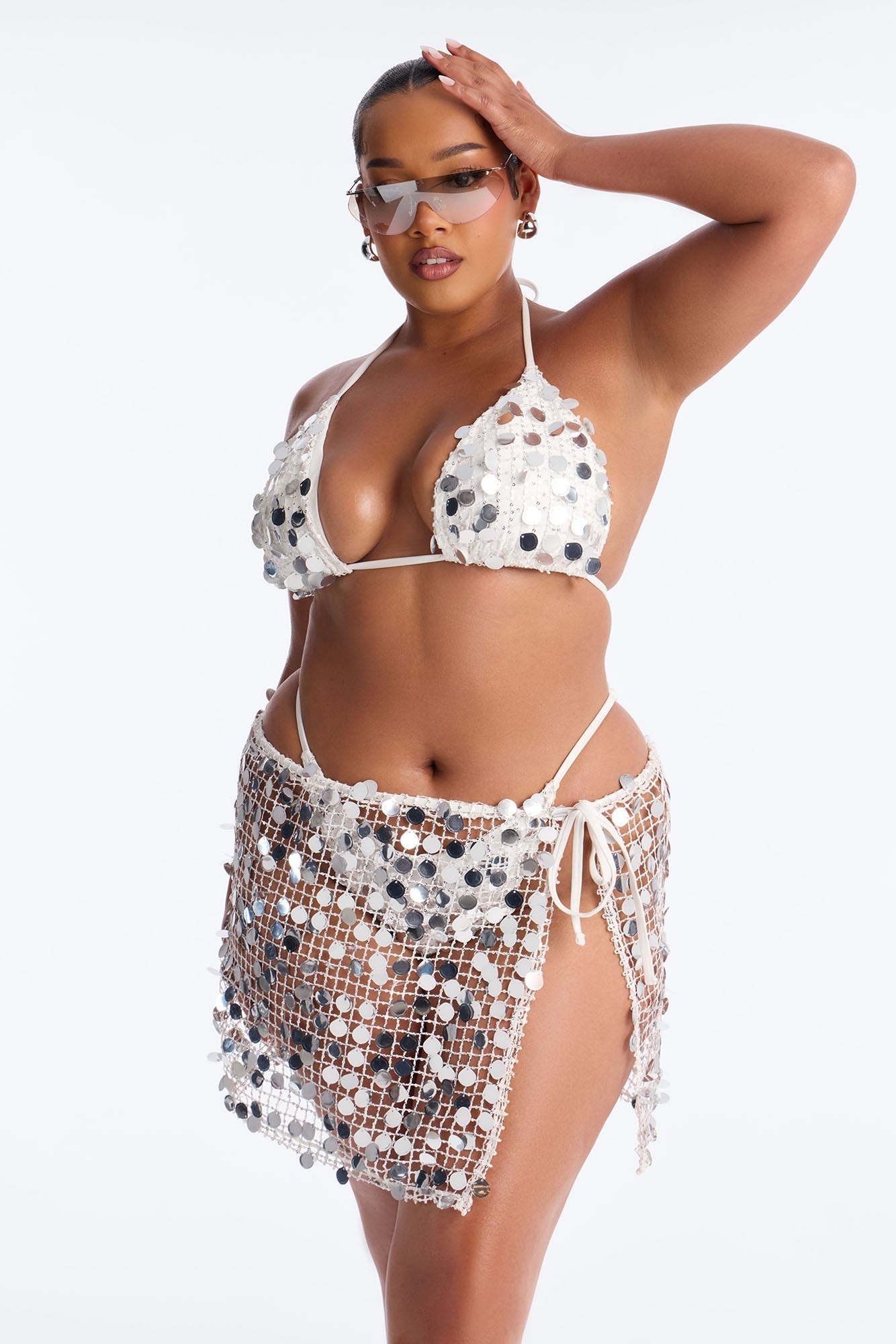 Drinks On The Beach Bikini And Coverup Skirt Set - Silver Fashion Nova