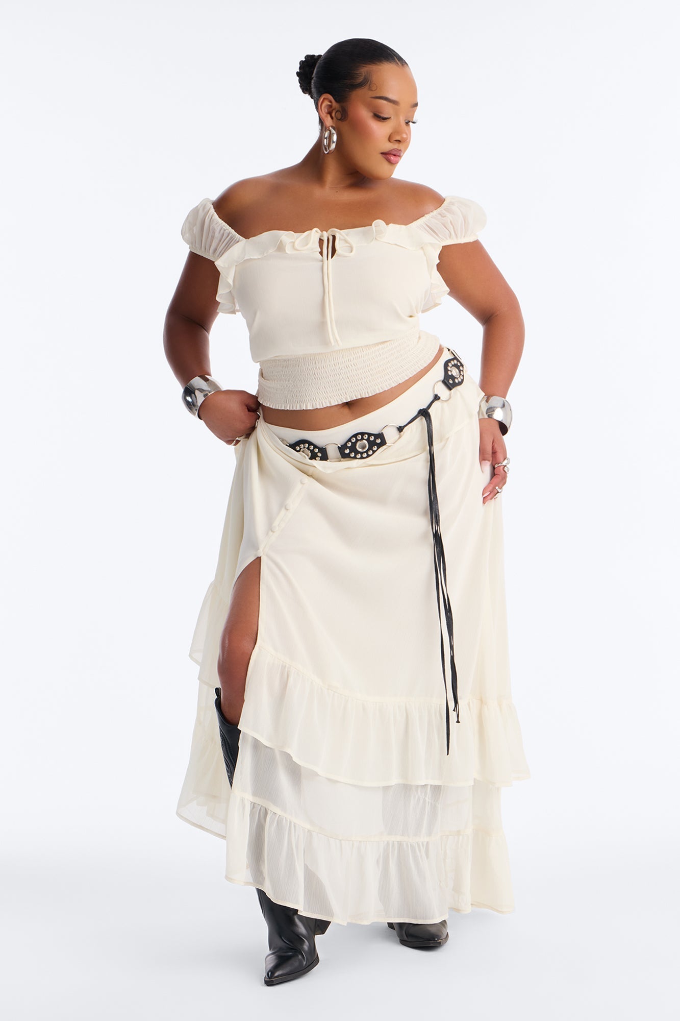 Odessa Ruffle Belted Maxi Skirt Set - Cream