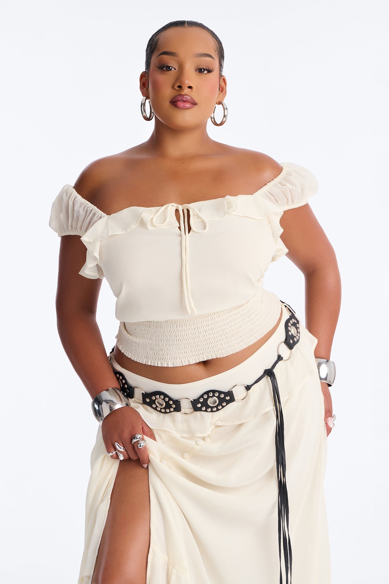 Odessa Ruffle Belted Maxi Skirt Set - Cream