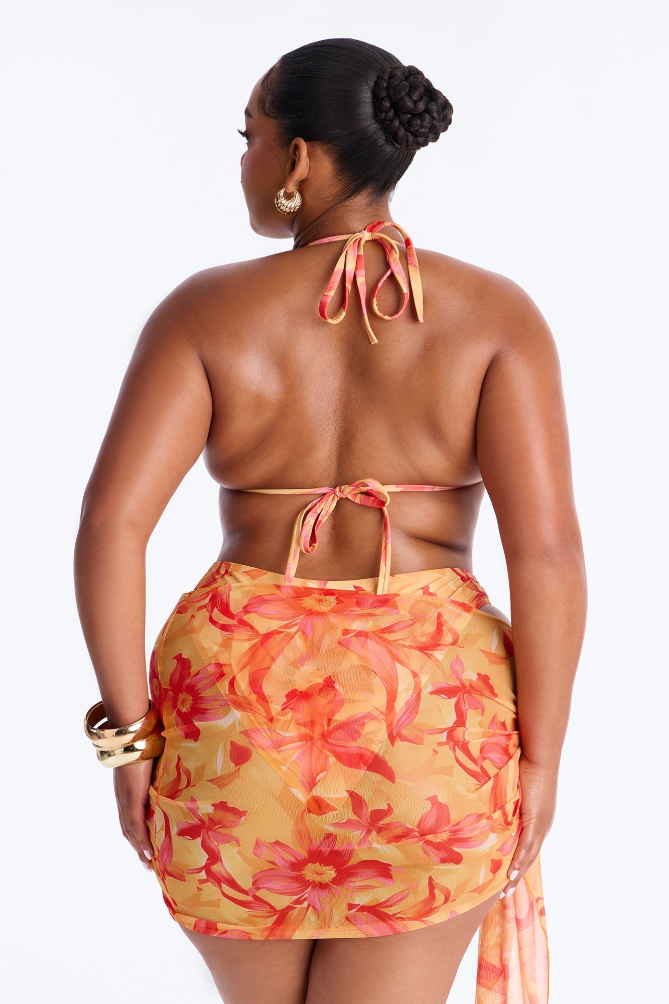 Lora Floral 3 Piece Triangle Bikini Set - Orange/combo Fashion Nova
