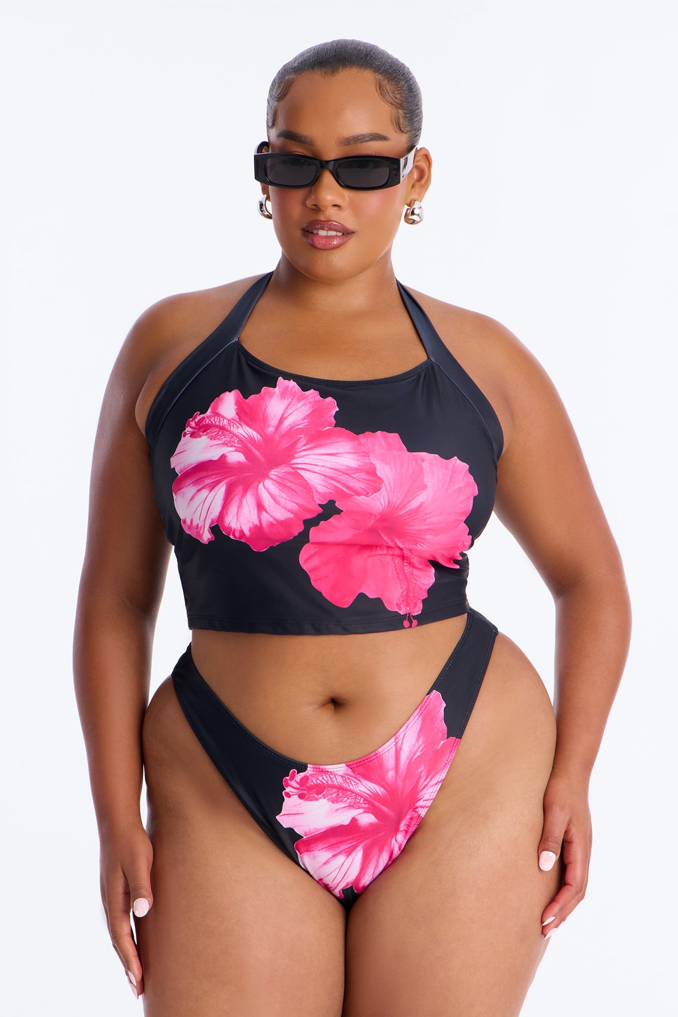 Mabel 2 Piece Floral Tankini Bikini Set - Black/Pink