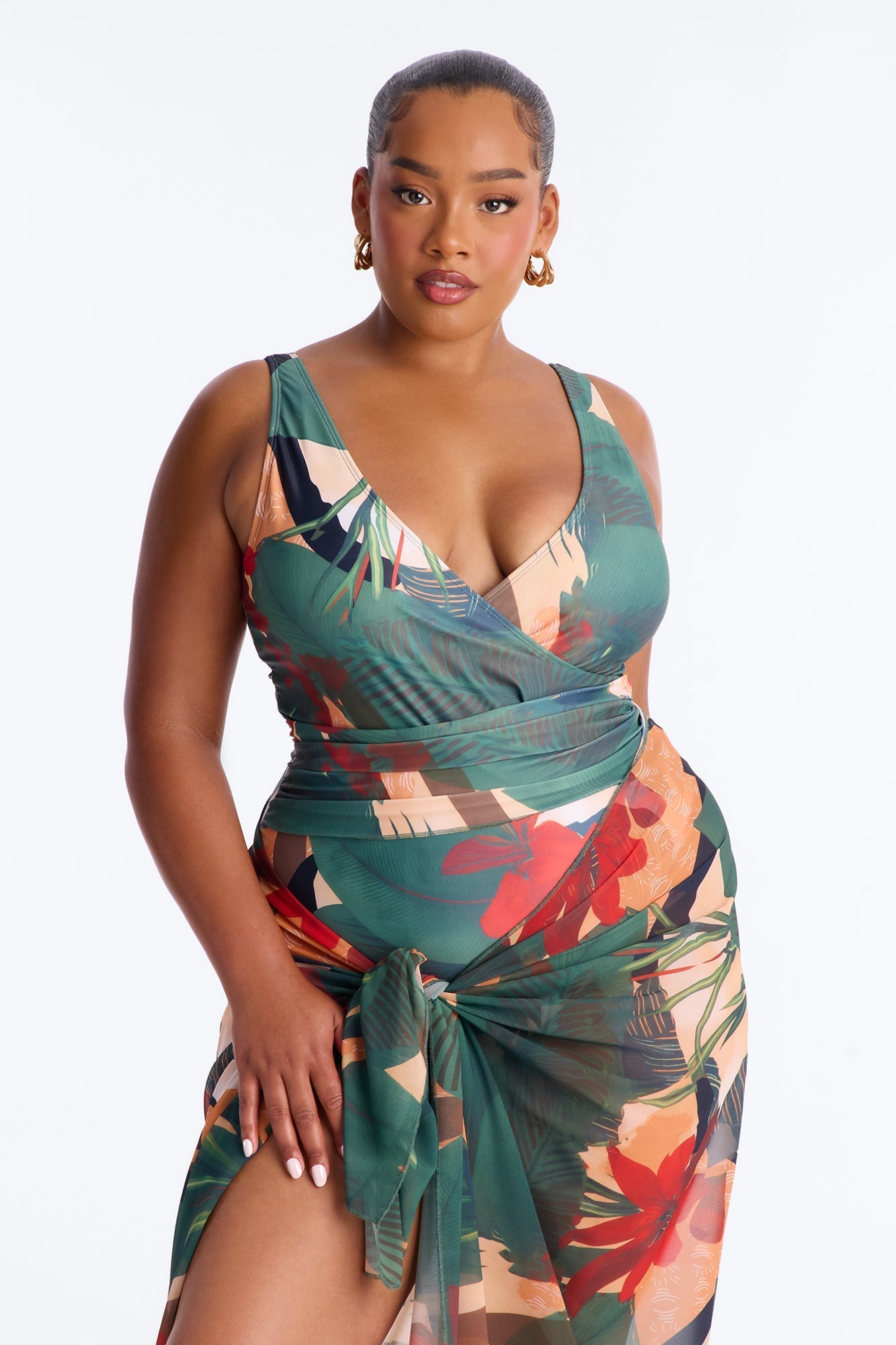 Solene 1 Piece Draped Swimsuit With Matching Sarong - Multi Color Fashion Nova