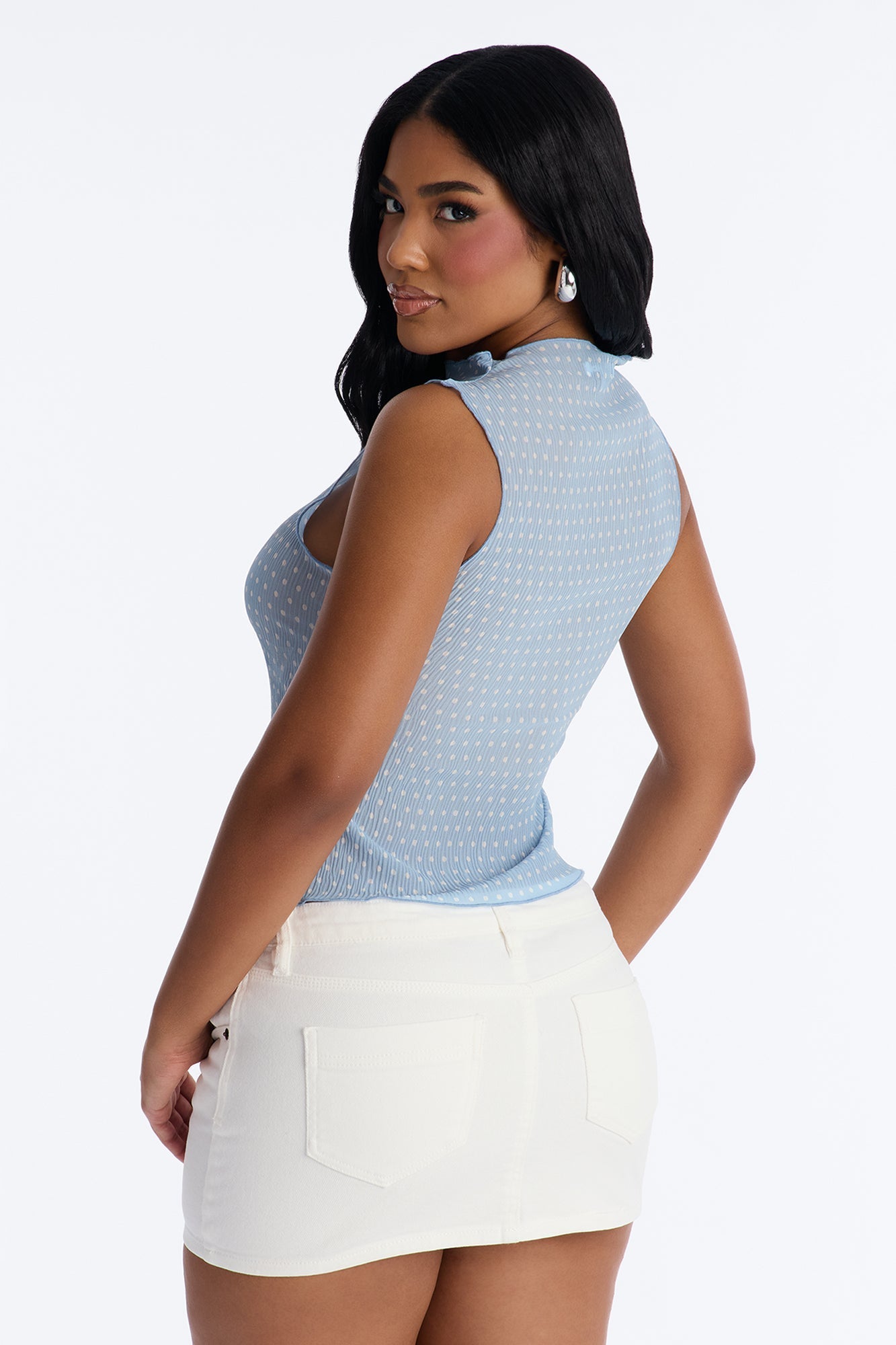 Into Paradise Mock Neck Polka Dot Plisse Top - Light Blue Fashion Nova