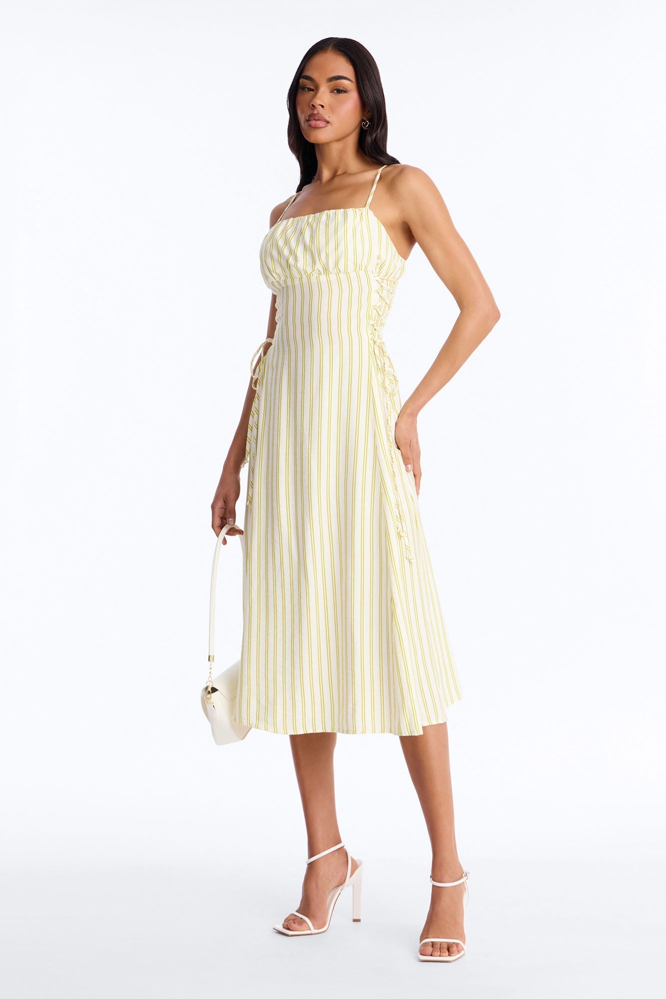 Claire Lace Up Pinstripe Midi Dress - Sage/combo Fashion Nova